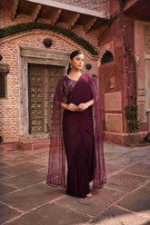 Wine Color Lycra Drape Saree With Sequins, Cut Dana & Pearl Work - House of Surya